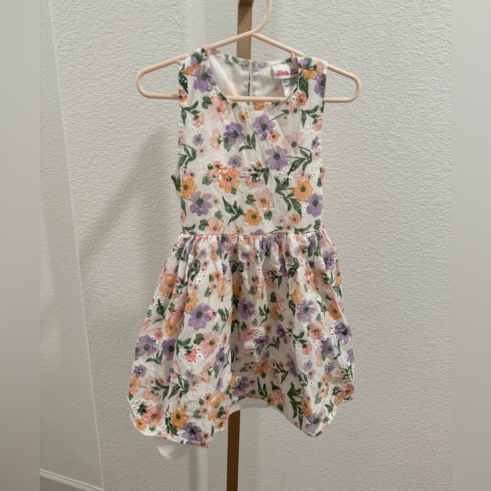 Little Lass Cream Floral Party Dress with Purple and Orange Blooms